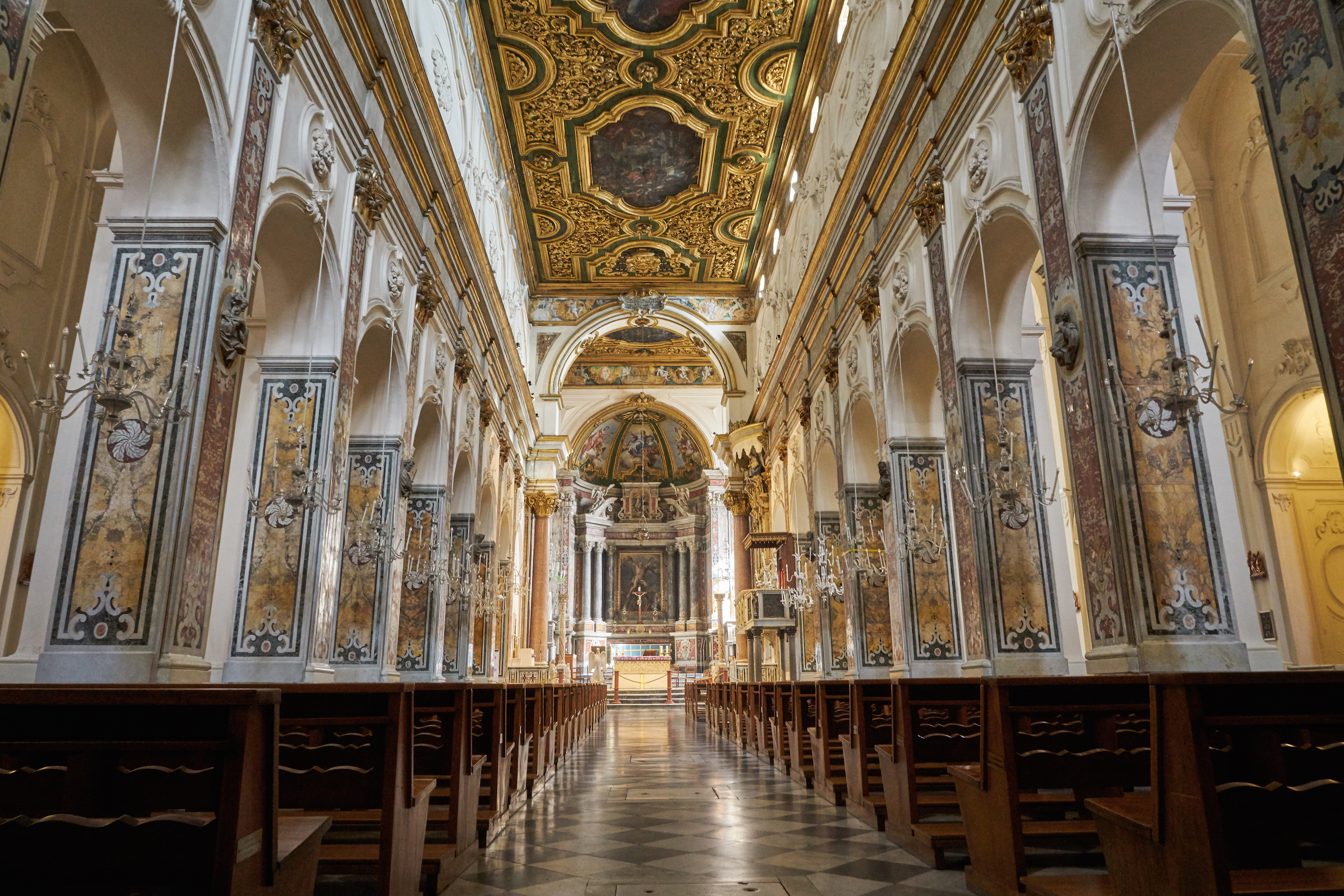 Interior view of the Duomo di Amalfi's gold-accented basilica